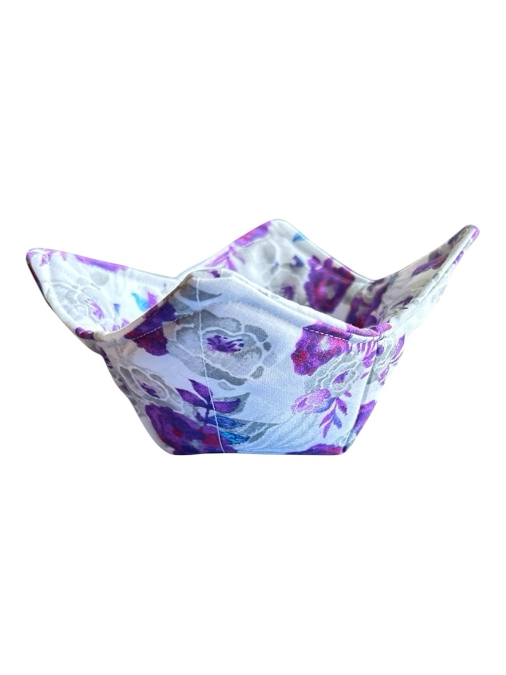 Hand Crafted Trinket Bowl Basket Colorful Floral Purple Cotton Fabric Decor
